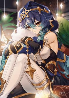 an anime character sitting on the ground with her arm around her chest and wearing blue hair