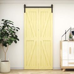 a living room with a yellow door and potted plant