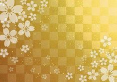 white flowers on yellow and brown checkered background