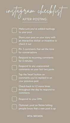 an instagram checklist with the text instagram checklist after posting to share your post