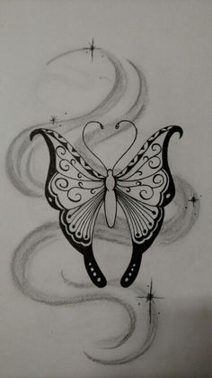 a black and white drawing of a butterfly with swirls on it's wings