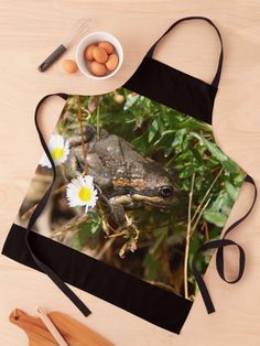 an apron with the image of a frog on it next to eggs and spoons