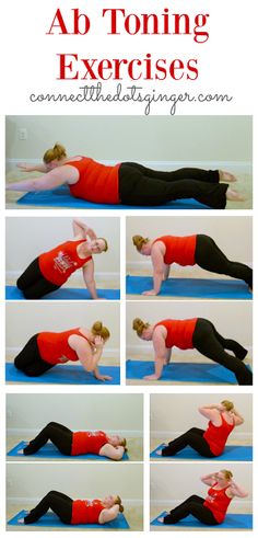 a woman in red shirt doing exercises on blue mat with text that reads, plus size fitness core training exercises connect the dots ginger