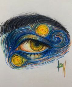 a drawing of an eye with blue and yellow swirls on it's iris