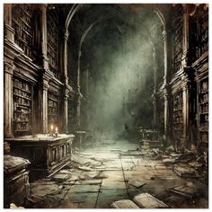 a painting of an old library with bookshelves and lights in the dark room