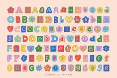 the alphabet is made up of different letters and numbers, all in bright colors on a pink background