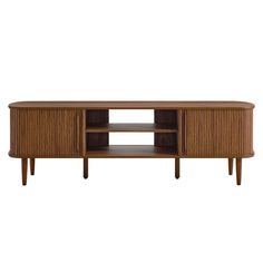 the sideboard is made out of wood and has two shelves on each side, one with