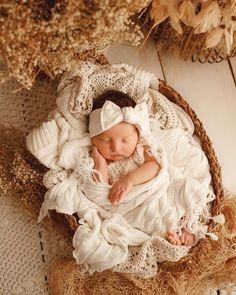 a newborn baby is curled up in a wicker basket on the floor next to dried flowers