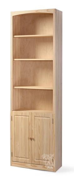 a wooden bookcase with three doors and two drawers on one side, the door is open