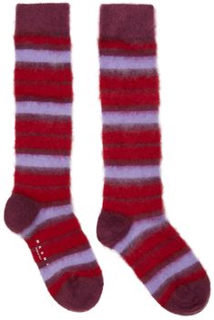 Mid-calf knit stretch mohair and virgin wool-blend socks striped in red, pink, and purple. Rib knit cuffs. Logo printed in white at sole. Supplier color: Red Marni Mohair, Wool Blend Socks, Designer Headbands, Stripe Socks, Unique Socks, Art Socks, Layered T Shirt, Striped Socks, Wool Socks