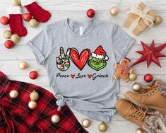 Peace Love Grinch Christmas T-shirt, Peace Love Shirt, Grinchmas Tee, Cute Christmas Grinch Shirt, Family Christmas Shirt, Xmas Holiday Gift HOW TO ORDER T-SHIRT 1. Please go through each photo. 2. Select your size using the drop-down option, then put one shirt at a time into your cart. 3. Choose the color of your shirt from Drop-down 2, which is the shirt color. 4. Please add your text on to the personalization box if it's a personalize design 5. If you order multiples, your shipping will automatically combine. 6. After the correct color and quantity have been added, check out all at once. 7- At last, it will take 1-3 business days for your custom shirt to be shipped. The handling times may change on holidays. PRODUCT INFORMATION Solid colors such as black, white and pink are 100% cotton. Family Grinch Shirts, Grinch Shirts Vinyl, Grinch Tshirts, Grinch Christmas Shirts, Grinch T Shirt, Grinch Shirt, Grinch Shirts, Christmas Grinch, Family Christmas Shirts