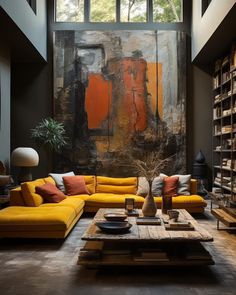 a living room filled with furniture and a large painting