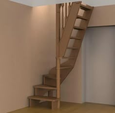 there is a wooden stair case in the corner of this room with no carpet on the floor