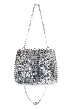 100% Brass Evening Crossbody Bucket Bag With Silver-tone Hardware, Modern Crossbody Bucket Bag For Party, Luxury Summer Bag With Chain Strap, Trendy Evening Bucket Satchel, Chic Party Bucket Bag With Silver-tone Hardware, Summer Party Bag With Removable Pouch, Summer Party Bags With Removable Pouch, Evening Shoulder Tote Bag With Silver-tone Hardware, Evening Tote Shoulder Bag With Silver-tone Hardware