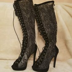 Brand New Size 8.5 Normally I'm An 8 But These Are Slightly A Different Fit So I Bought Half A Size Bigger Beautiful Boots Available In Black Too! Just Comment Below To Let Me Know Which Ones You Like More!! Lace Knee High Boots, Knee High Boots Black, Beautiful Boots, Feminine Design, Nude Color, Girls Night Out, Boots Black, Black Tan, Costume Ideas