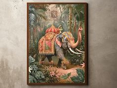 an elephant is standing in the jungle surrounded by plants and other tropical things, with a decorative painting on the wall