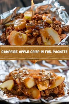 an apple crisp in foil packet with caramel syrup being poured over it