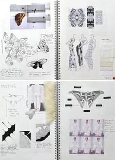 an open notebook with drawings and pictures of women's clothing, including moths