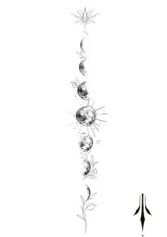 an artistic black and white drawing of the sun, moon and stars with water droplets