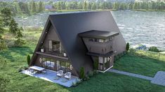 this is an artist's rendering of a house in the woods next to a lake