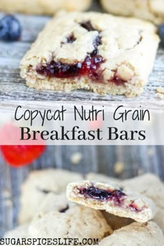 blueberry nutri grain breakfast bars are stacked on top of each other with the words, copycat nutri grain breakfast bars