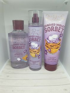 3 Bottles Bath & Body Works  Scent: Candied Violet Sorbet Shower Gel  Fragrance Mist Body Cream Bath And Bodyworks Halloween, 80s Stuff, Bath And Body Works Perfume, Smell Goods, Perfume Scents, Bath And Bodyworks, Bath Sets, Fragrance Mist, Laundry Detergent