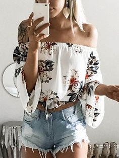 Shop White Off Shoulder Print Detail Long Sleeve Blouse from choies.com .Free shipping Worldwide.$9.99 Mode Ulzzang, Summer Outfit Ideas, Hippie Outfits, Chiffon Blouse, Fashion Mode, Ladies Dress Design, Summer Outfit, Beach Outfit