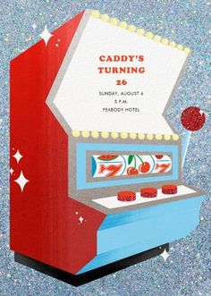 an advertisement for a candy machine in the shape of a box with gummy's turning on it