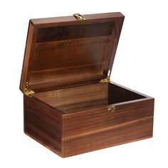 an open wooden box with brass handles on a white background, showing the lid and sides