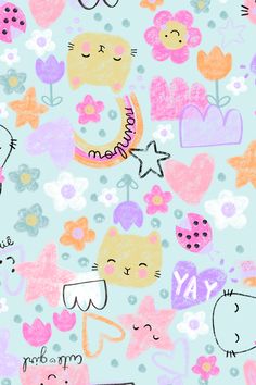 an image of a pattern with cats and flowers on blue background that says happy mother's day