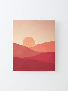 a painting on a white wall with a red and orange sunset in the background,