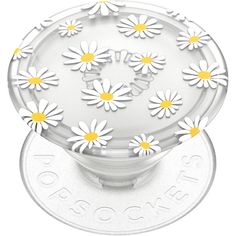 a white and yellow daisy flower on top of a plastic container with the lid open