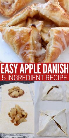 uncooked apple danishes on cutting board and cooked apple danish on serving tray Apple Pie Danish, Apple Danish Puff Pastry, Apple Filling Recipes Easy, Puff Pastry Dessert Apple, Apple Puff Pastry Recipes Simple, Apple Pastry Recipes, Apple Puff Pastry Recipes, Easy Danish Recipe, Fruit Turnovers