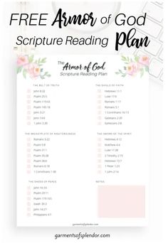 the armor of god scripture reading plan with flowers on it and a cup of coffee next to it