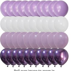 purple and white balloons are arranged in rows