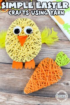 an easter chick craft made out of yarn and carrots with the words, simple easter crafts using yarn