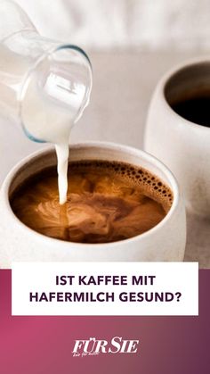 a cup of coffee is being poured into it with the caption, its kaffe mit hafermich gesund?