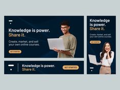 two advertising banners with people using laptops