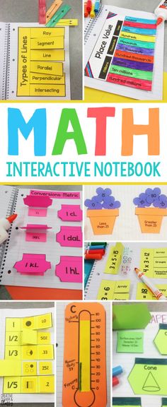 a collage of pictures with the words math interactive notebook written in different colors and shapes