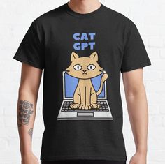 a man wearing a black shirt with a cat on his lap and the words cat gps printed on it