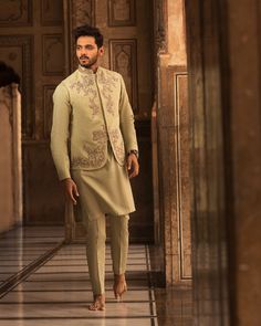 Faiza Saqlain, Waistcoat Designs, Hand Embellishment, Mens Waistcoat, Organza Shirt, Men's Waistcoat, Blue Tulle, Silk Pants, Kurta Designs