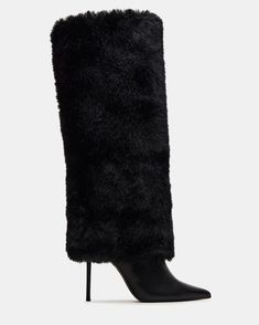 Black Leather Boots With Fur, Chloe 2024, Black Fur Boots, Heels Boots Outfit, Black Boots Outfit, Fur Heels, Fashion Merchandising, The Smith, Knee Boot