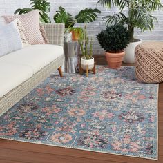 a living room area with couches, rugs and potted plants