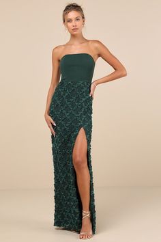 Ravishing Appeal Emerald 3D Floral Applique Strapless Maxi Dress Strapless Green Midi Dress With Floral Print, Green Strapless Evening Maxi Dress, Green Fitted Strapless Maxi Dress, Strapless Green Floral Print Midi Dress, Strapless Green Floral Print Maxi Dress, Stunning Prom Dresses, Strapless Maxi, Formal Dress Shops, Strapless Maxi Dress