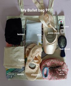 the contents of a ballet bag are labeled