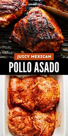 mexican pork chops on the grill with text overlay that reads, juicy mexican poloo asado