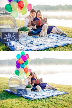 a man and woman are sitting on a blanket with their dog while reading a book