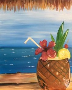 a painting of a tropical drink on the beach