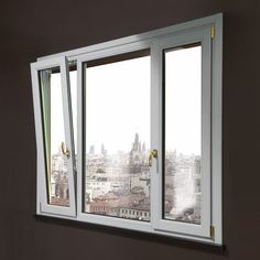 an open window with city view in the backgrounnd and yellow handles on both sides