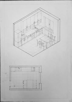 two drawings of an office with desks and chairs in the middle one is drawn on white paper